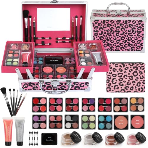 Anpro Estojo de maquilhagem tudo em um com design leopardo, inclui conjunto de maquilhagem profissional para adolescentes, pincéis, paleta de sombras, presente ideal para meninas - rosa leopardo