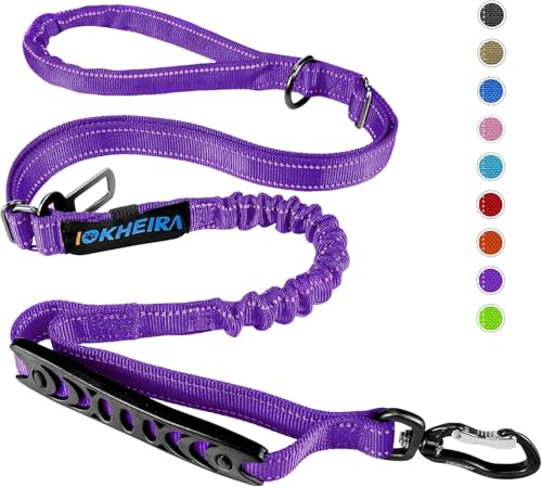 Iokheira Trela para cães de 5 pés, 4 em 1, ajustável, com cinto de segurança para carro e alça acolchoada, elástica e refletor (roxo)
