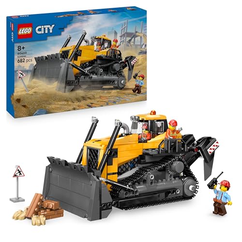 LEGO City Buldócer amarelo - veículo de obra de brinquedo para construir - 3 minifiguras, walkie-talkie, ferramentas e sinais de trânsito - presente de aniversário para crianças de 8 anos 60466