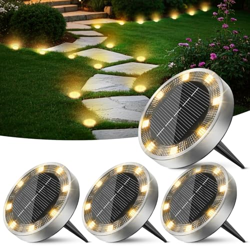 Peasur 4 Pacotes luzes solares LED para exteriores, jardim, chão, 8 LED luz solar exterior e jardim, IP65 luzes solares impermeáveis para pátio, caminho, relva, branco quente