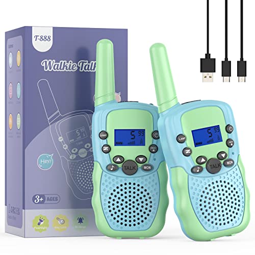 Bakoherp Walkie Talkie recarregável de 8 canais, 3 kg de alcance longo rádio bidirecional, brinquedos para crianças de 3 a 12 anos, para aventuras ao ar livre campismo, UHF, verde claro