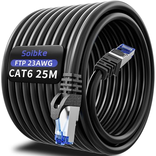 Soibke Cabo Ethernet de 25 m, Cat 6 cabo de rede 25 m revestido FTP cabo RJ45 de alta velocidade 23 AWG cabo internet 1 Gbps 250 MHz Gigabit cabo de rede preto impermeável cabo LAN para Modem