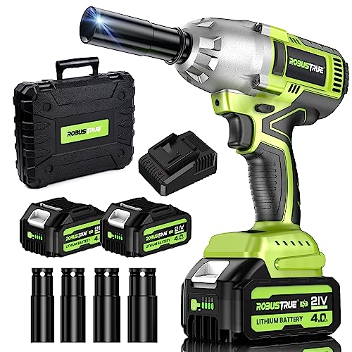 Robustrue 800 N.m chave de impacto sem cabo, 8000 mAh chave de impacto sem cabo com carregador rápido, 21 V motor sem escovas chave de impacto elétrica com 4 boquilhas de impacto, RT804B