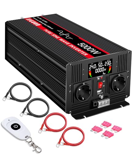 JIGUUN 5000 W Inversor 24 V 220 V conversor de onda pura com 2 entradas UE e um USB, controlo remoto sem fios e indicador LCD, potência máxima 10000 W adequado para RV, viagens, emergências