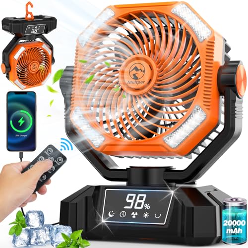 Camping ventilador com luz LED, 20000 mAh recarregável vibração automática ventoinhas para tenda de campismo ao ar livre com remoto, ventilador de mesa USB de 5 velocidades para pesca, piquenique