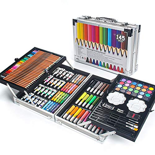 MIAOKE 145 Conjunto de pintura para crianças, caixa de alumínio deluxe e kit de desenho com lápis de cores, marcadores, pinturas de aguarela, arranhões, lápis HB, pastel de aguarela, pincel, bloco de
