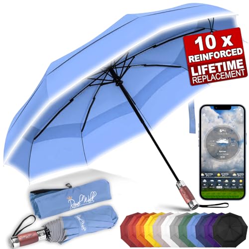 Royal Walk Guarda-chuva dobrável antivento para homem e mulher abertura e fecho automático, compacto e forte, cabo de madeira real de luxo, guarda-chuva resistente ao vento refletor com tampa dupla