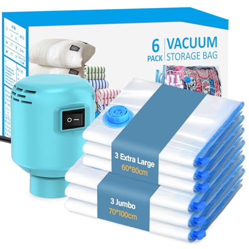 Kissleaf Sacos de vácuo para roupa com bomba de ar elétrica - pacote de 6 com fecho duplo (3 jumbo, 3 grandes) - organizador de malas para edredons e colchas