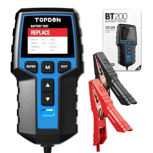TOPDON BT200 Verificador de baterias de carro, 12 V 24 V verificador de baterias 100 - 2000 CCA, com teste de bateria, teste de arranque e teste do sistema de carregamento para carros, ecrã de cor