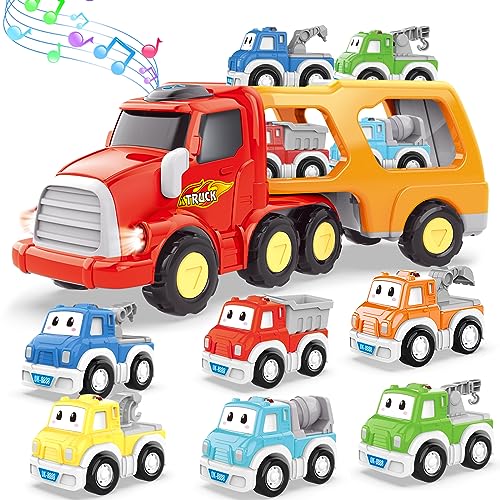 seveclotree Camião de brinquedos - 7 em 1 transportador carros com luzes e sons - presente para crianças 1-4 anos