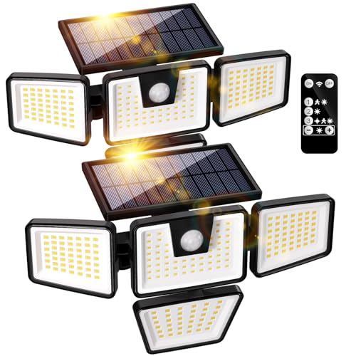 Kasonic Luzes solares para exteriores, 392 luzes LED com sensor de movimento, 4 cabeças de iluminação grande angular, IP65, luzes solares de segurança para alpendre, pátio, garagem, embalagem de 2
