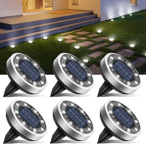 btfarm 6 Pacotes de luzes solares LED para exteriores, jardim, chão, 8 LED luz solar exterior e jardim, IP65, candeeiros solares exteriores e jardim, caminho, relva, pátio (branco frio)