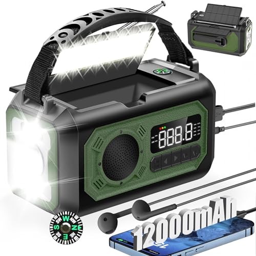 Rádio de manivela de 12000 mAh com função de carregamento solar, 2 painéis solares, manivela AM/FM de emergência, 3 métodos de carregamento, rádio de emergência portátil 7 em 1, Sos, lanterna,