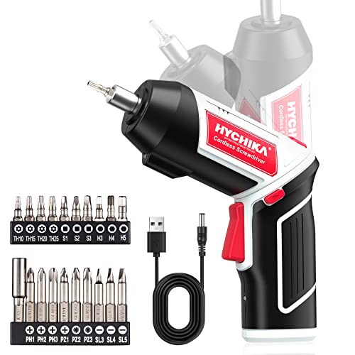 Chave de fenda elétrica, HYCHIKA 6 Nm bateria 3,6 V 2,0 Ah, luz LED, carregamento cabo USB, 20 acessórios, para reparações em casa