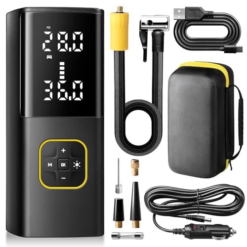 Zune Lotoo Compressor de ar portátil 150 PSI, 9000 mAh insuflável rodas carro recarregável com ecrã digital LED, mini bomba de ar elétrica com cabo de 12 V CC e luz LED para carro moto bicicleta bola