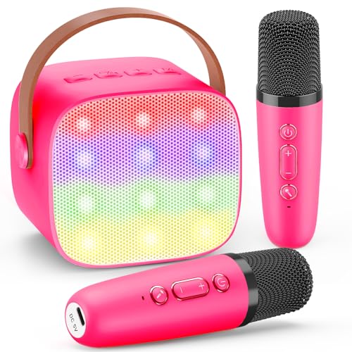 Dislocati Karaoke portátil com 2 microfones Bluetooth, presente brinquedos para menina, 3-12 anos, microfone sem fios com karaoke DSP e luzes LED ideais para celebrações familiares, festas e