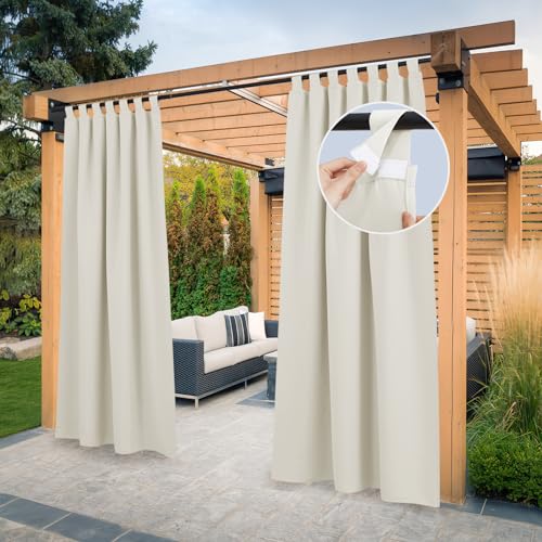 PONY DANCE Cortina de exterior impermeável para alpendre, com presilhas, cortinas opacas, cortinas de exterior com proteção UV, para pérgolas de jardim, 2 peças, 132 x 213 cm, bege claro