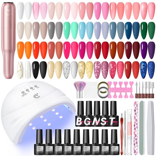 COSCELIA 40 peças Kit de unhas semipermanentes kit completo com lâmpada UV torno para unhas, vernizes semipermanentes, vermelho, preto, branco, 35 cores, base e top coat kit manicure com ferramentas