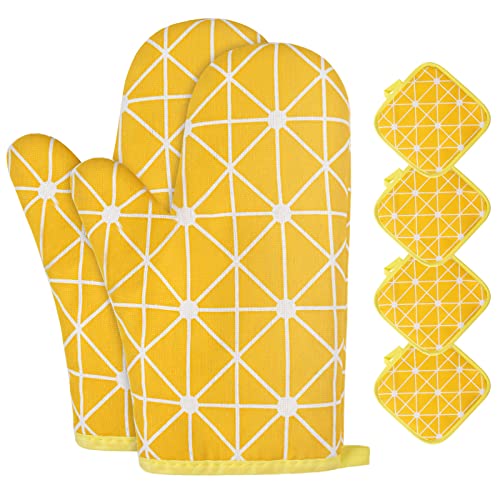 AUAUY 1 par luvas forno, algodão antiderrapante luvas de cozinha de algodão, Oven Gloves resistente ao calor para assar cozinhar churrasco micro-ondas com 4 toalhas de mesa isoladas (amarela)