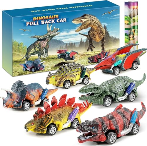 Jojoin Carros de dinossauros brinquedos - 6 peças carro de brinquedo de dinossauros para crianças com tapete de jogo de atividades - presente de carro de brinquedo educativo para 3 4 5 6 7 anos