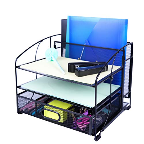 Exerz Organizador de mesa de malha de escritório 3 bandejas/suporte de arquivo de mesa com gaveta deslizante e suporte de arquivo de suspensão/classificador vertical de papel (novo preto)