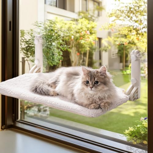MEWOOFUN Rede dobrável para janela para gatos, cama dobrável para janela com tapete reversível, rede estável para gatos, que suporta até 18 kg (bege, S)