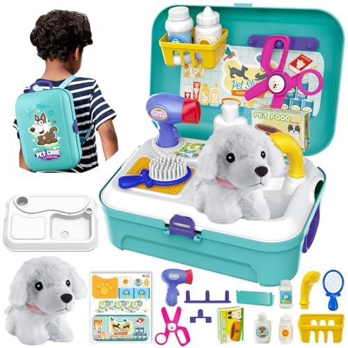 HERSITY Mala veterinária, cão de peluche, jogo com animais de estimação, jogo de faz-de-conta, presentes para meninos e meninas com idades de 3, 4 e 5 anos