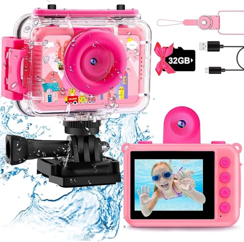 GKTZ Câmara de fotos infantil impermeável, câmara de vídeo de ação submarina infantil, presente de aniversário para meninos e meninas de 3 4 5 6 7 8 9 10 11 12 anos (rosa)
