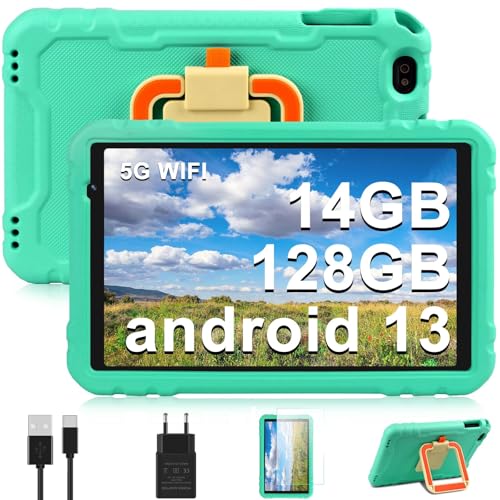 Tablet infantil de 10 polegadas, tablet Android de 13, 14 GB Ram 128 GB ROM (512 GB TF), câmara dupla, 2,4 G Wi-fi, capa protetora eva, verde