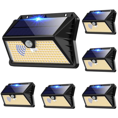 Luzes solares LED para exterior jardim com 6 pacotes, 185 LED, 3 modos, holofotes solares exteriores com sensor de movimento, IP65, impermeável para holofotes solares exteriores para jardim, garagem,