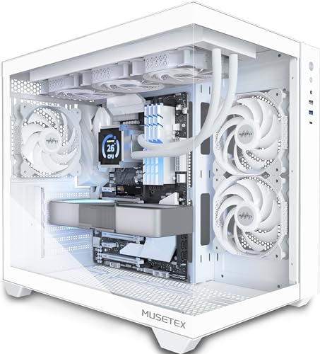 MUSETEX Caixa PC ATX, suporte de 360 mm RAD, 270 ° visão completa de vidro temperado caixa PC Gaming com Type-C, 3 ventoinhas não LED pré-instalados, caixa para computador Mid Tower ATX, branco, Y6