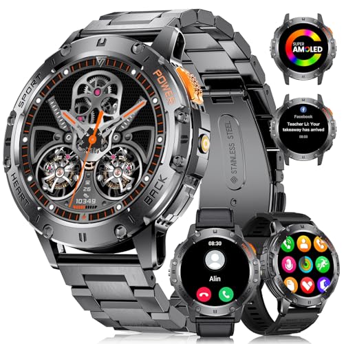 LIGE Relógio inteligente homem com lanterna LED, 3 cintos, 530 mAh, 1,43" AMOLED Smartwatch para Android iOS, 5ATM impermeável, 24H frequência cardíaca, chamadas Bluetooth, 300 Watch Faces Smart Watch