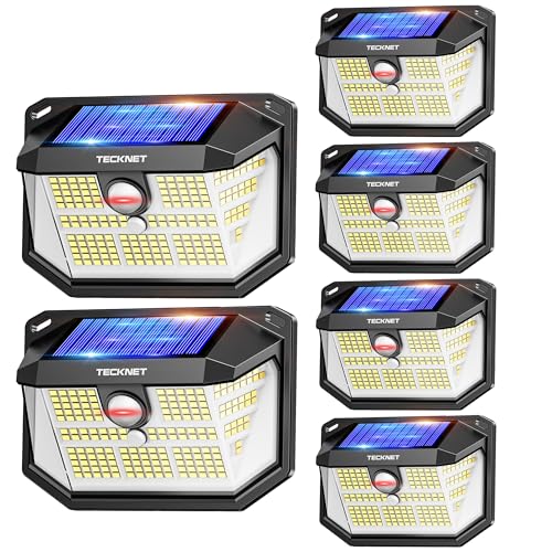 TECKNET Luz solar para exterior, iluminação LED 231 / 300° (luz 35newskill ) brilho alto luzes solares com sensor de movimento, 3 modos IP65 impermeável holofotes LED solares para jardim, garagem