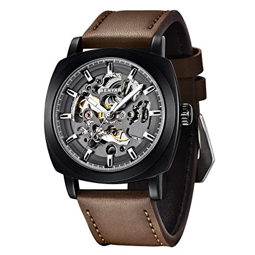 BENYAR - Relógio de pulso automático para homem | pulseira de couro | movimento dourado | mostrador esqueleto de 45 mm | resistente à água e aos riscos | Disponível em banda multicolorido