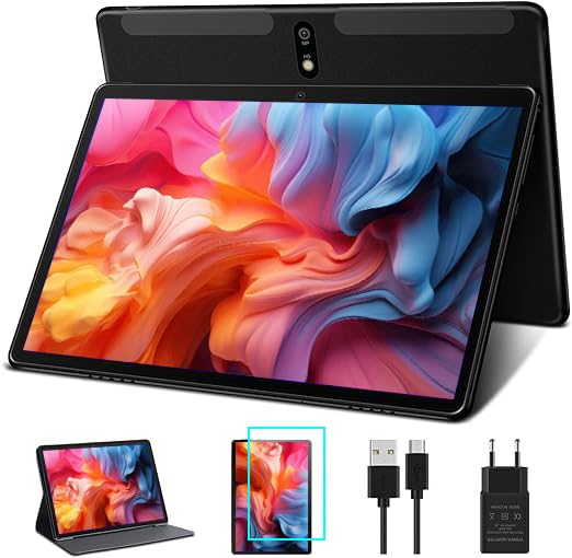 Dghrti Tablet Android de 10 polegadas, 4 GB RAM + 64 GB ROM, WiFi, Bluetooth 5.0, GPS, câmara dupla de 8MP + 5MP, tátil HD, com capa - preto