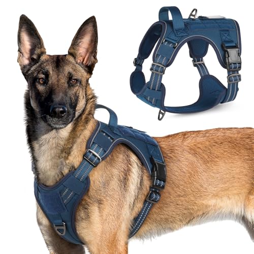 rabbitgoo Arnês cão antipuxões, arnês cão grande médio respirável, arnês tático cão ajustável com alça anéis e bola, colete durável refletor para treino, caminhar, caçar, azul XL