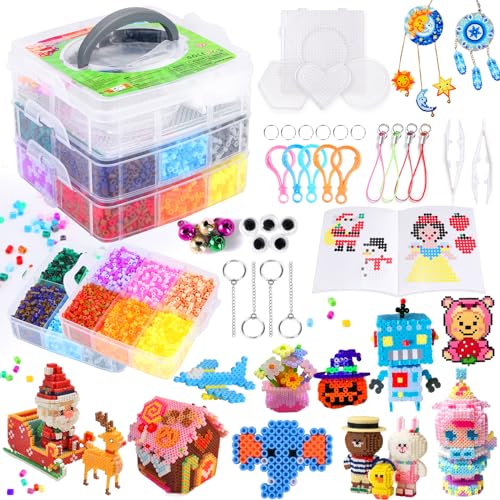 Mardo Contas para passar roupa, 11500 peças Hama Beads, 60 modelos, guia do utilizador, criação bricolage de jóias, decoração e ideias de artesanato 3D para crianças (24 cores)