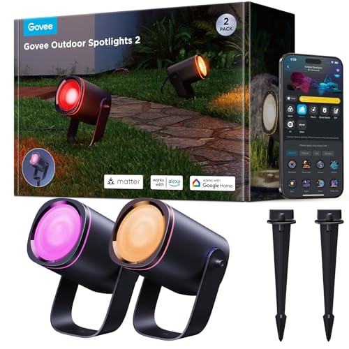 Govee Focos para exterior 2, iluminação de jardim resistente à água IP67, holofote RGBWIC, 700 lm regulável, 69 modos de cena e 16 mil cores, funciona com Alexa, Google Assistant, Matter. 2 Pacotes