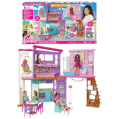 Barbie Casa Malibu Casa de bonecas dobrável 2 andares com 6 quartos e móveis, inclui 30 acessórios, brinquedo de presente + 3 anos (Mattel HCD50)