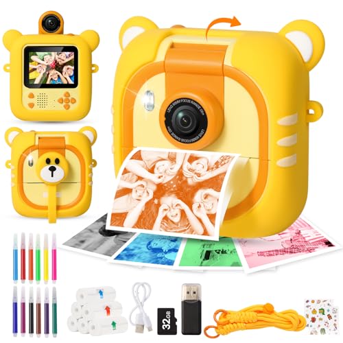 ARNSSIEN Câmara fotos infantis instantâneas, 7 papéis (4 cor/3 BN), 2,4" câmara fotos infantil com 1080 P e 180° lente e 32 GB, presente de Natal/aniversário para meninos e meninas, M 2