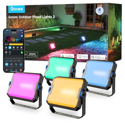 Govee Faróis LED exteriores 2, RGBIC faróis exteriores com luz branca fria e quente, funciona com Alexa, Google Home, Matter, 50 cenas, impermeáveis IP66 Foco para jardim e pátio, 4 unidades