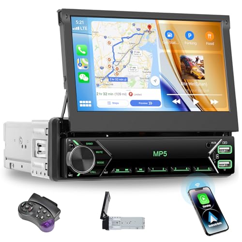 CAMECHO 1 DIN Wireless Carplay Android Auto, ecrã de carro de 7 polegadas com saída de vídeo/AUX-IN/FM/TF/Mirror Link para Android/iOS Bluetooth mãos livres