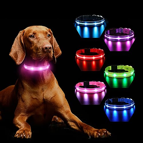 Coleira luminosa para cão recarregável, coleira luz para cão para escuro 7 cores 8 modos de pisca, ajustável impermeável coleira LED para cães grandes, médios e pequenos, rosa-M