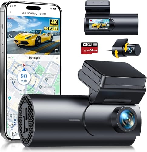 GKU 4K Dashcam, 5G WiFi GPS, Duplo Dash CAM carro, 1,5'' IPS mini câmara gravador de carro com cartão SD de 64 GB, modo de estacionamento, visão noturna, WDR, 170 ° grande angular, sensor G, App C.