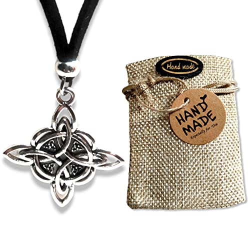 Collar Nudo de Bruja Amuleto Plata | Antelina Negra 50cm Adaptable para Hombre y Mujer | Amuleto | Protección contra Hechizos + Bolsa de Yute Hecha a Mano Regalo (Nudo de Bruja New)