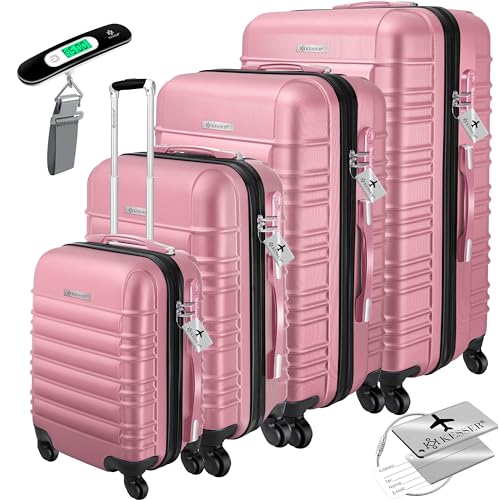 KESSER® Conjunto de 4 malas rígidas, conjunto de mala Trolley Incl. Balança de bagagem etiqueta de bagagem mala rolante fechadura 4 rodas ABS capa rígida alça telescópica S-M-L-XL, ROSA, S-M-L-XL,