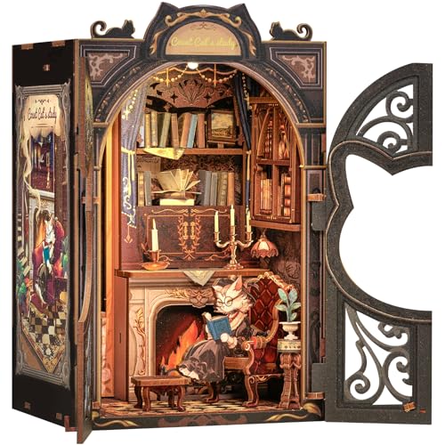 CUTEBEE Book Nook Kit DIY Miniature House, casa de bonecas em miniatura casa em miniatura, kit de construção com cobertura anti-pó e luz LED, maquetes para adultos para construir (Count Cat's Study)