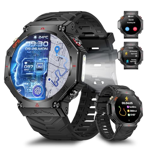 Rmana Relógio inteligente homem GPS integrado, 1,39 '' Smartwatch para Android/iOS, relógio inteligente impermeável com pressão arterial/ritmo cardíaco/107 modos desportivos (silicone preto)