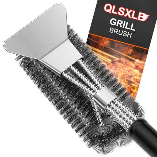 QLSXLB Escova de churrasco de limpeza, 3 em 1 escova para churrasco com raspador e cabo de isolamento térmico Grill Brush para limpar grelhas, bandejas para assar e grelhar, redes para assar