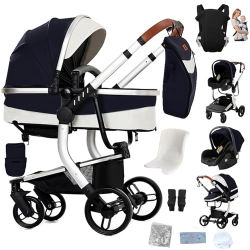 Reenborn Carrinho de couro PU bebé 3 em 1, carrinho de bebé com design dobrável com um só clique, carrinho de bebé com dois modos de pressão reversíveis, carrinho de 3 peças com moldura de alumínio